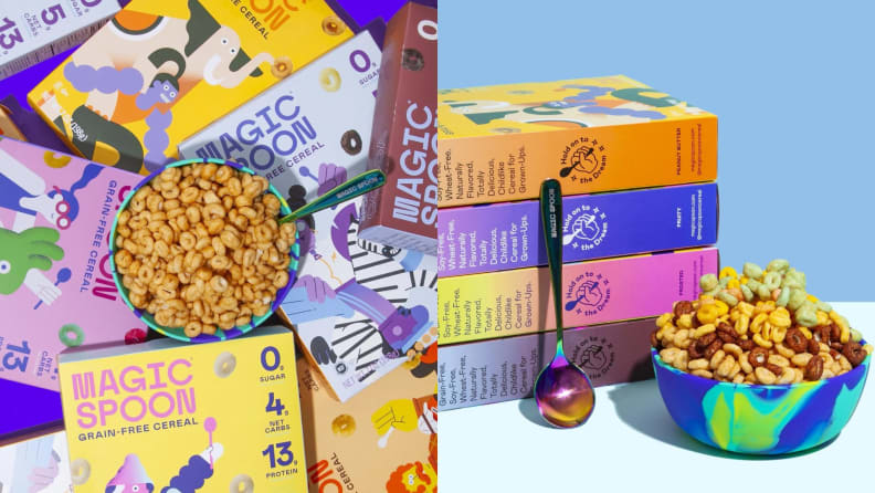 Left: pile of Magic Spoon boxes topped with bowl of cereal. Right: Pile of four Magic Spoon boxes next to a bowl of cereal