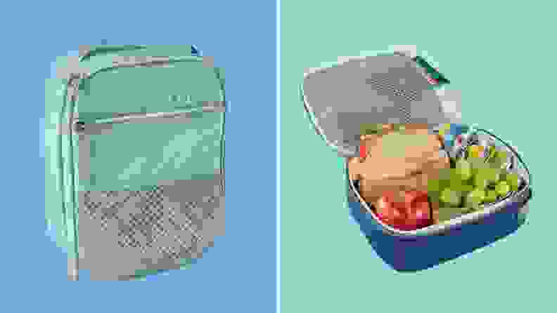 Left: LL Bean lunchbox on blue background. Right: Open LL Bean lunchbox revealing food