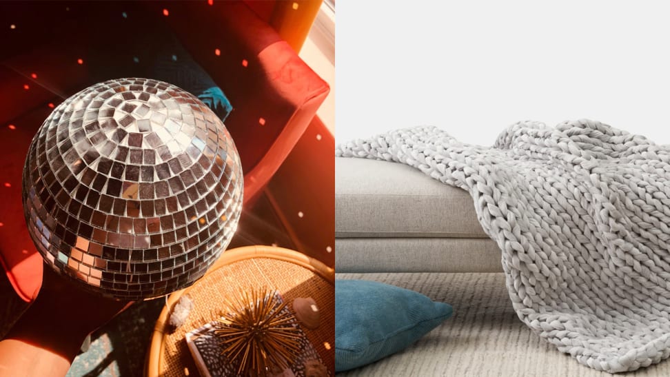 Left: Disco ball reflecting light. Right: Weighted blanked laying on couch.