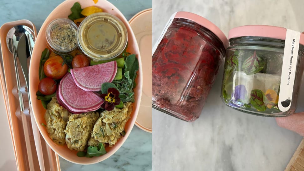 Left: Colorful salad in a pink container, shot from above. Right: two glass jars with food on marble countertop