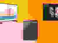 彩色背景下的三星电视、洗碗机和手机。