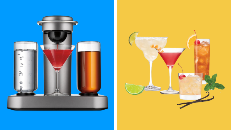 A Bartesian premium cocktail and margarita machine next to cocktails in glasses on a yellow background.