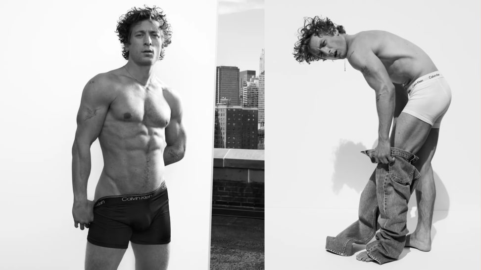 Two black and white photos of actor Jeremy Allen White; on the left he is wearing a pair of black Calvin Klein boxer briefs, and on the right he is wearing white Calvin Klein boxer briefs and putting on a pair of jeans.