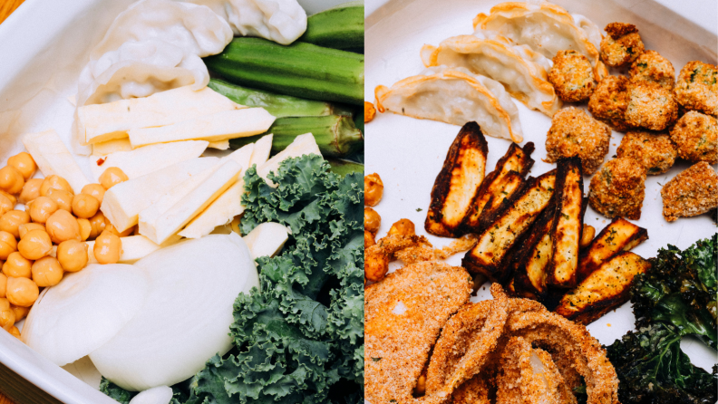 Vegetables, before and after being air-fried.