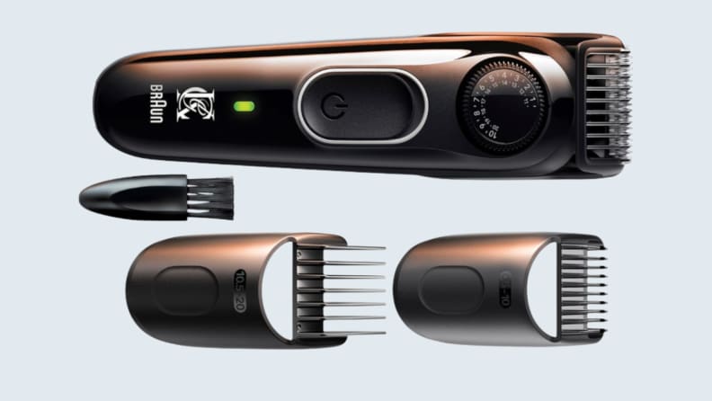 beard trimmer and kit on light blue background