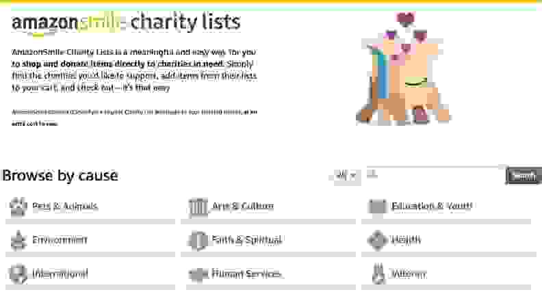 List of charity categories supported by the Amazon Smile program: pets, arts, education, environmental, religious, health, and so on.