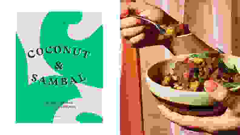 Left: A photo of the cookbook, Coconut & Sambal. Right: One hand holds a bowl filled with food while the other lifts a food-filled fork.