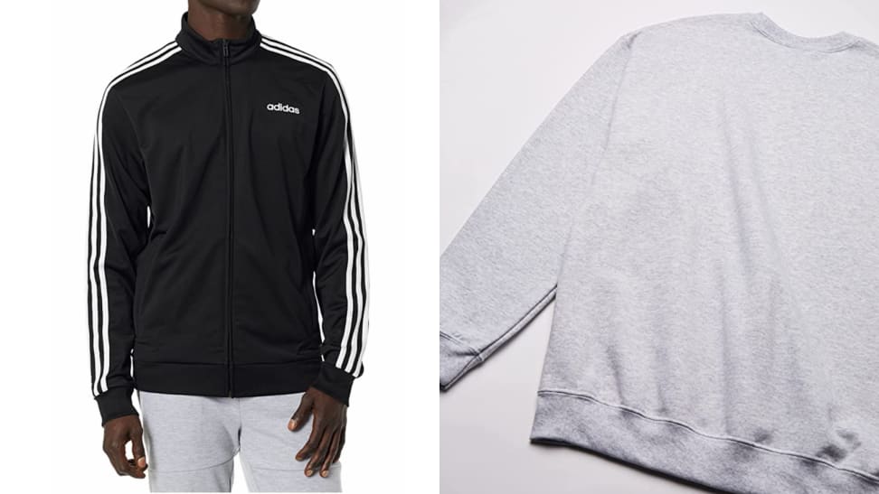 Man in black Adidas tricot three-stripe track jacket, grey Gildan crewneck sweatshirt.
