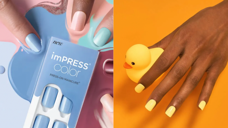 On the left: A pack of blue impress press on nails lays on a surface with spilled nail polish around it and fingers showing off Impress nails pop into frame. On the right: A model wearing yellow press on nails.
