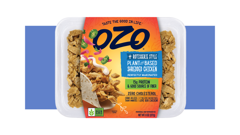 OZO Rotisserie Style Plant-Based Shredded Chicken in a package.