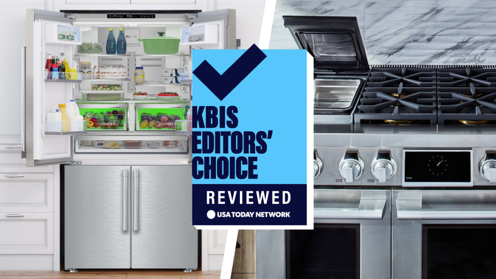 On left, an open refrigerator. On right, a luxury cooktop. Super-imposed, a badge reading "KBIS Editors' Choice."