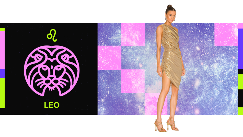 On the left is the symbol for Leo, and on the right is a model wearing a gold lamé dress.