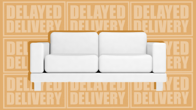 White sofa couch in front of "delayed delivery" phrase.