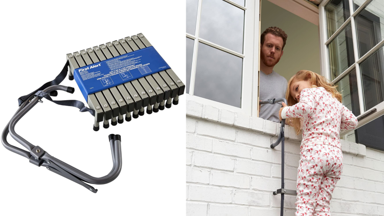 On left, the First Alert 2-story Fire Escape Ladder. On right, father helping young daughter through window with the First Alert 2-story Fire Escape Ladder.