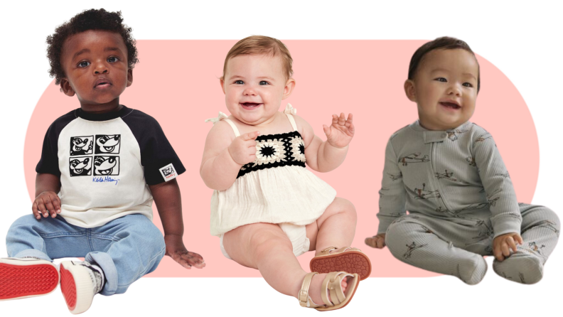 Three sitting infants smiling while wearing clothes from H&M, Old Navy and Carter’s.