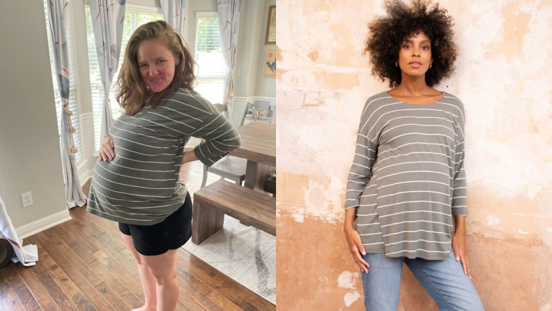 Two pregnant people smiling wearing Seraphine Maternity's khaki stripe maternity & nursing top.