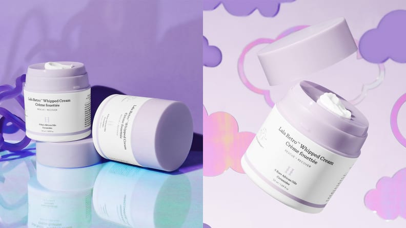 On the left: Two jars of moisturizers laying next to each other. On the right: A purple an white jar of moisturizer floating on a purple background.