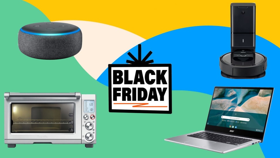 An Amazon Echo, air fryer, robot vacuum and laptop against a colorful background.
