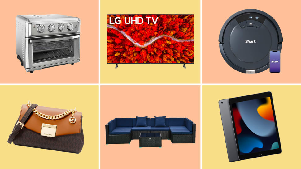 A toaster oven, an LG TV, a robot vacuum, an iPad, a sectional, and a purse, against alternating peach and gold backgrounds.