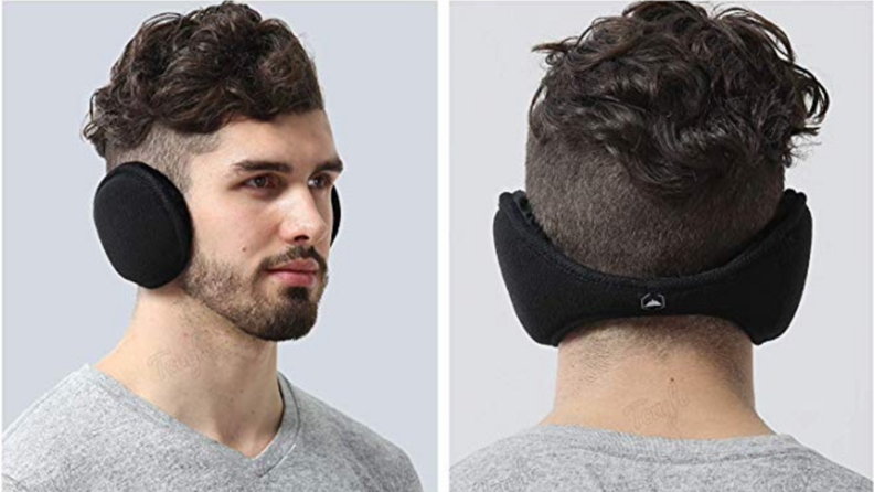 Side-by-side image shows two views of a man wearing around-the-head earmuffs: first image is him staring off to the side, while the second image is a view of the back of his head.