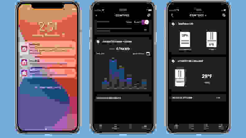 Image is a collage of three screenshots of the SmartHQ app in action. The first is a home screen with three different notification pop-ups, informing the user that various doors are open or not closed correctly. The second image shows the various compartments in the fridge and allows users to set temperatures for each individually. The final image shows energy usage statistics, broken down into kilowatt hours of electricity used each hour of the day.