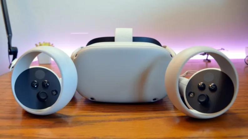 The Meta Quest 2 headset set on a table.