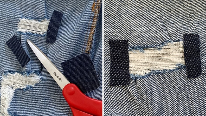 On left, pair of red scissors on top on denim jeans. On right, distressed denim with patches.