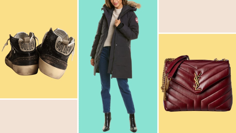 Collage of a Canada Goose parka, a Saint Laurent purse, and a pair of Golden Goose sneakers.