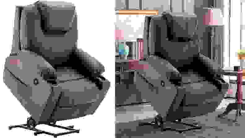 On left, brown power recliner chair in elevated position in front of white background. On right, brown power recliner chair in elevated position in living room.