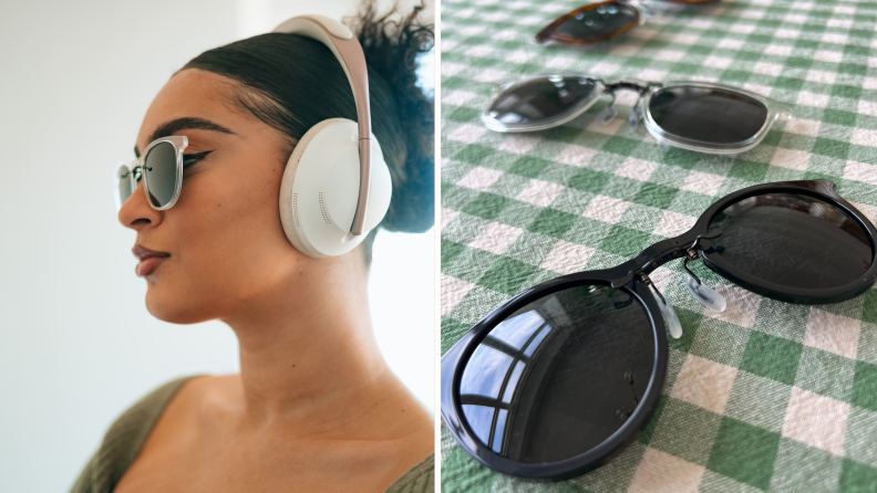 A model wears FlyFrames and headphones, seen from the side. On the right is three pairs of FlyFrames laying on a gingham tablecloth.