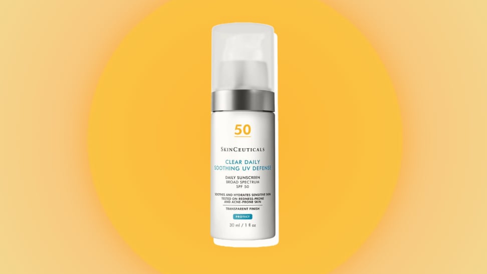 SkinCeuticals sunscreen against an orange and yellow background