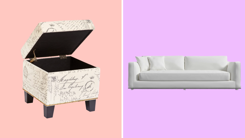 On left, black and white printed storage ottoman from First Hill FHW. On right, white couch from RoveConcepts.