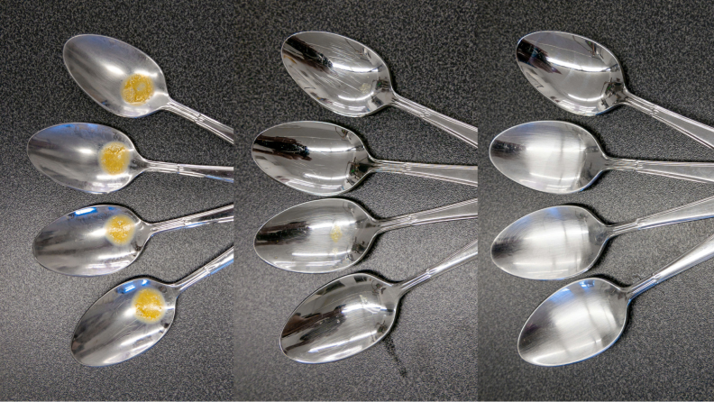 The image shows three sets of four spoons: the first has a brown stain, the second is mostly clear with a bit of stain left, and the third is fully clean.