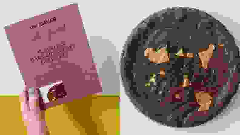 Left: A person holds a pink bow containing flourless chocolate cake mix. Right: A top-down photo of the flourless chocolate cake from the box, topped with edible gold leaf.