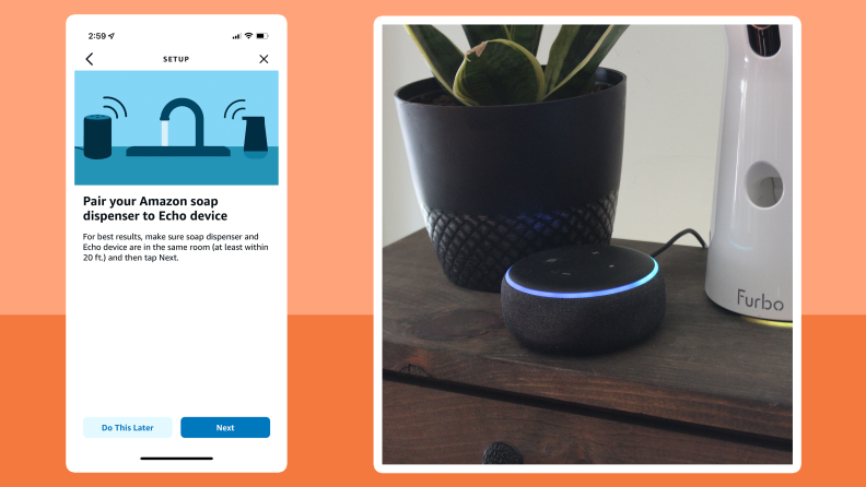 The Amazon Smart Soap Dispenser setup next to an Echo Dot smart speaker