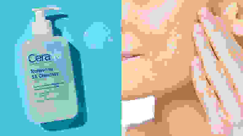 On the left: A bottle of cleanser laying on a blue background. On the right: A person applying face wash to their face.