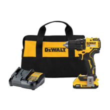 Product image of Dewalt cordless drill, battery, charger, and bag bundle