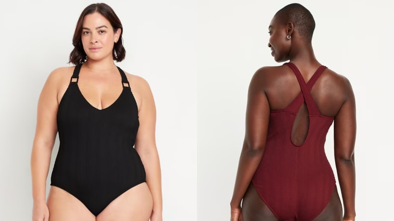 Two women wearing ribbed one-piece swimsuits, one in black shown from the front and one in burgundy shown from the back, showcasing fit and style.
