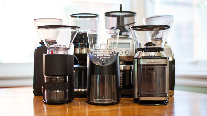 A collection of coffee grinders