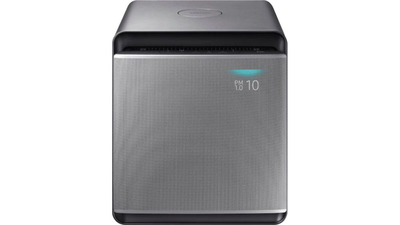 A samsung smart cube air purifier against a white background.