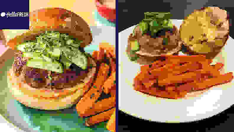 Left: A burger and sweet potato fries artfully plated on a green plate. Right: A burger served with sweet potato fries on a white plate.