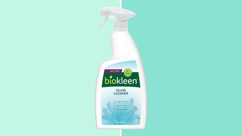 A bottle of Biokleen glass cleaner for windows