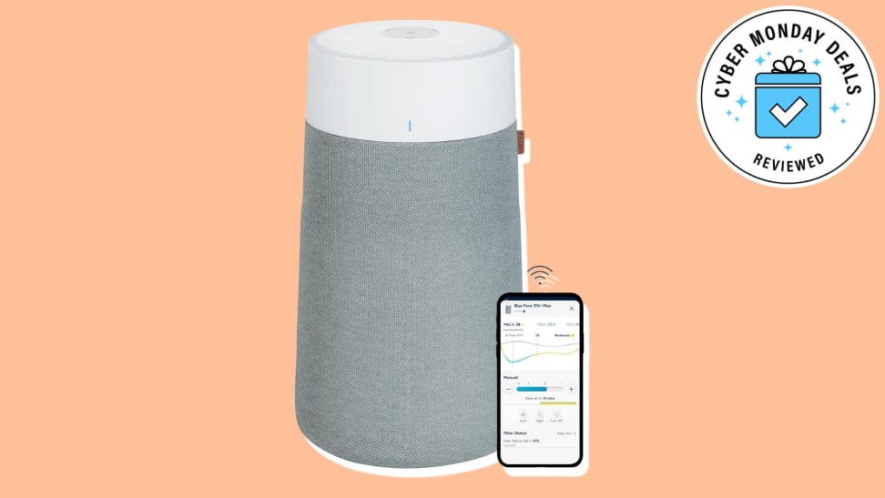 Blueair air purifier next to a phone with a wifi symbol above it, all on a peach background