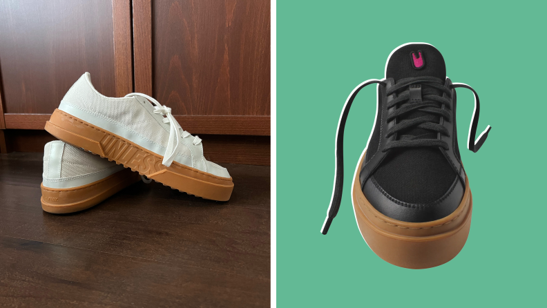 Collage of The Degenerate sneakers seen from the side, one on top of the other, and also an image of the shoe from the front.