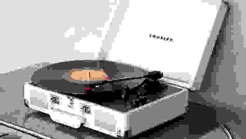 a crosley turntable in white on a tabletop
