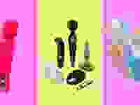 A red wand, sex toy kit, and blue fleshlight in front of pink and yellow background.