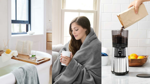 一个女人蜷缩在毯子下喝着咖啡