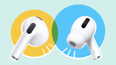 The all-white AirPods (left) next to the all-white AirPods Pro (right) shows similar sizing, but the Pro shows a silicone ear tip.