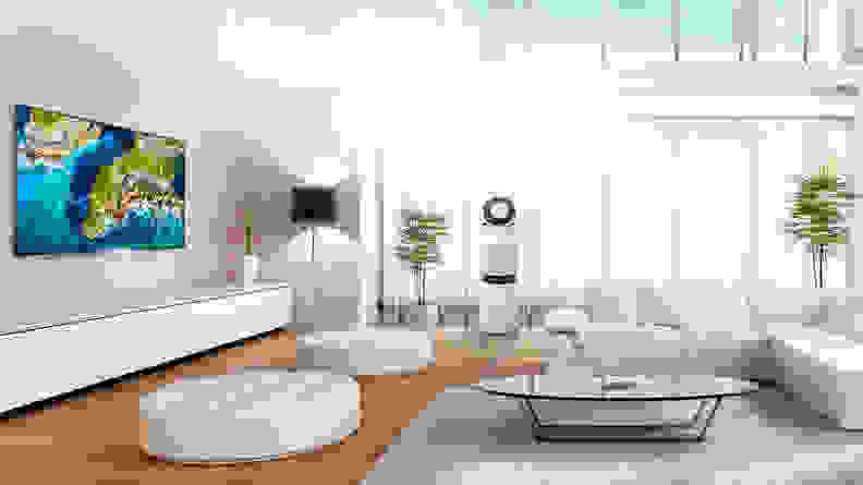A shot of a living room, with superimposed lines connecting different appliances to a phone resting on a table.