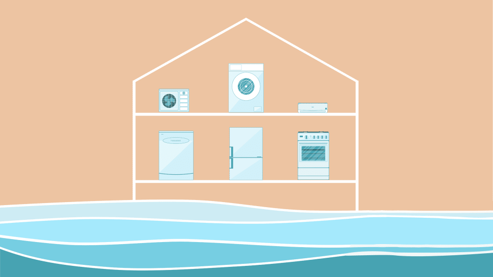 Cartoon graphic of household appliances inside of home with sea levels rising outside.